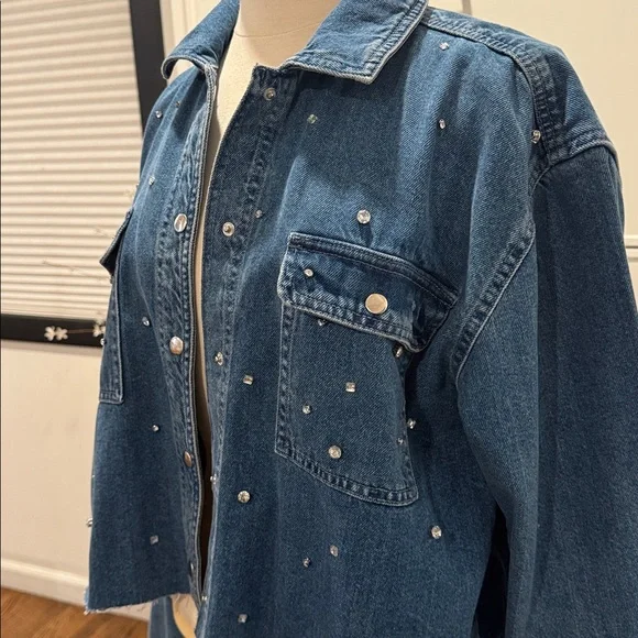 Embellished cropped Denim Jacket, raw hem. Rhinestones - Picture 3 of 10